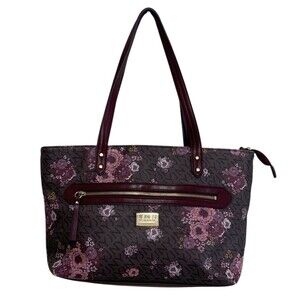 Jones New York Shoulder Handbag Brown Pink Floral Double Straps Multi-Pockets